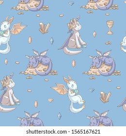Seamless pattern. Three cute cartoon dragons with their treasure. Endless texture for design. Vector illustration. For kids products (room, clothes, stationery).