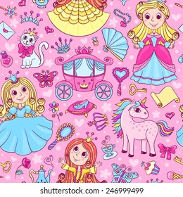 Seamless pattern with three cute little princesses. Vector cartoon background.