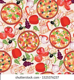 Seamless pattern with three different pizzas and ingredients of pizza in flat style. Vector Delicious background for your design.