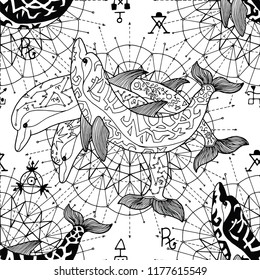 Seamless pattern with three dolphins and pattern circles on white. Esoteric, occult and mysterious concept with sacred geometry elements, graphic vector illustration 