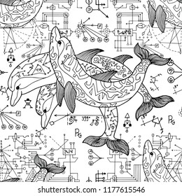Seamless pattern with three dolphins and sacred geometry symbols on white. Esoteric, occult and mysterious concept with sacred geometry elements, graphic vector illustration