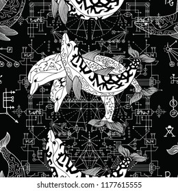Seamless pattern with three dolphins and sacred geometry. Esoteric, occult and mysterious concept with sacred geometry elements, graphic vector illustration 