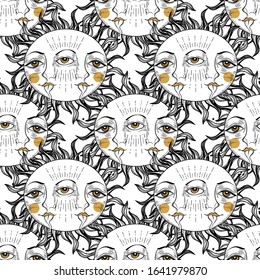 Seamless pattern of three eyed sun - astronomy and astrology symbol. Vintage, boho or gypsy style. Astrology and alchemy vibes. 