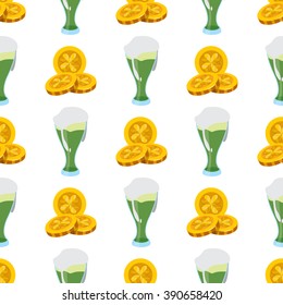 Seamless pattern with three gold coins and green beer.