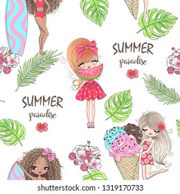 Seamless pattern with three hand drawn beautiful cute summer girls with big ice-cream, surfboard and watermelon. Vector illustration. 