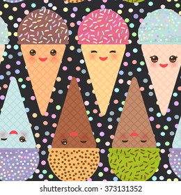 seamless pattern with three Kawaii mint raspberry chocolate Ice cream waffle cone funny muzzle with pink cheeks and winking eyes, pastel colors black polka dot black background. Vector