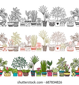 Seamless pattern, three lines of doodle plants.