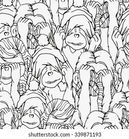 Seamless pattern with three Monkeys. I do not see, not hear, not speak. The symbol of the year 2016. Hand-drawn, doodle, vector, zentangle design element. Pattern for coloring book.