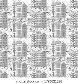Seamless pattern. Three old house of Amsterdam and unreadable letter. Monochrome vector illustration and handwritten сalligraphy.