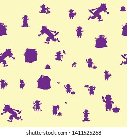 Seamless pattern, three pigs and a wolf, purple character on a beige background, vector