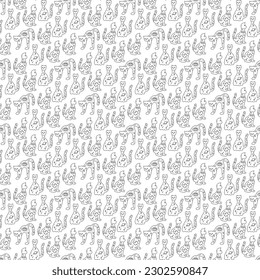 Seamless pattern with three silhouettes of magical cats. Doodle vector illustration.