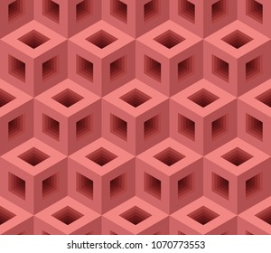Seamless pattern of three-dimensional cubes with square holes in faces in shades of red for background images