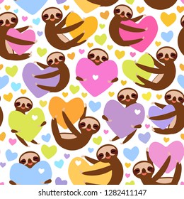 Seamless pattern Three-toed sloth holding red pink, yellow, lilac, orange, blue heart, isolated on white background. Valentine's Day Card banner template. Funny Kawaii animal. Vector