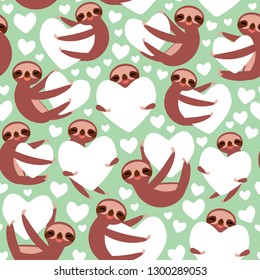 Seamless pattern Three-toed sloth holding white heart, on blue mint background. Valentine's Day Card banner template. Funny Kawaii animal. Can be used for Gift wrap, fabrics, wallpapers. Vector
