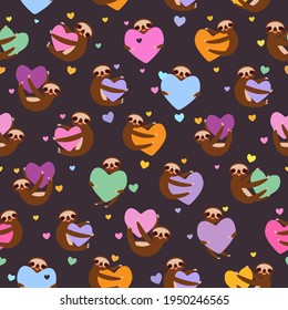 Seamless pattern Three-toed sloth holding pink, yellow, lilac, orange, blue, green heart, on dark brown background. Valentine's Day Card banner template. Funny Kawaii animal. Vector