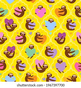 Seamless pattern Three-toed sloth holding red pink,  lilac, orange, blue, green heart, on yellow background. Valentine's Day Card banner. Funny Kawaii animal. for Gift wrap fabric wallpapers. Vector