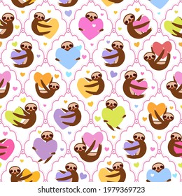 Seamless pattern Three-toed sloth holding pink, yellow, lilac, orange, blue, green heart, isolated on white background. Valentine's Day damask. Funny Kawaii animal for  fabrics, wallpapers. Vector