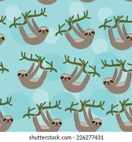 Seamless pattern Three-toed sloth on green branch on blue background. vector