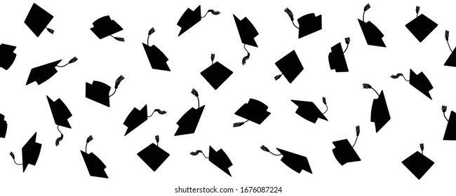 Seamless pattern of throwing square academic caps with tassel, vector illustration.