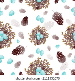 Seamless pattern with thrush bird nests and feathers. Vector graphics.