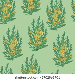 Seamless pattern with thuja branches and cones on a green background