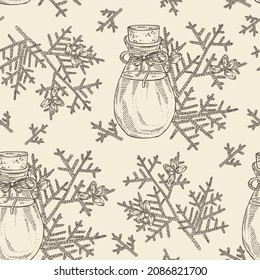 Seamless pattern with thuja plicata: branch of thuja plicata with thuja cone and bottle of thuja plicata essential oil. Cosmetic, perfumery and medical plant. Vector hand drawn illustratio