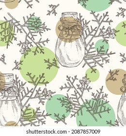 Patrón sin foco con la política de thuja: rama de thuja plicata con cono de thuja y botella de aceite esencial de thuja plicata. Cosmética, perfumería y planta médica. Ilustración de vectores dibujada a mano