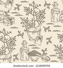 Seamless pattern with thuja plicata: branch of thuja plicata with thuja cone. Oil, soap and bath salt . Cosmetics and medical plant. Vector hand drawn illustration