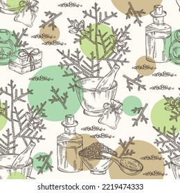 Seamless pattern with thuja plicata: branch of thuja plicata with thuja cone. Oil, soap and bath salt . Cosmetics and medical plant. Vector hand drawn illustration