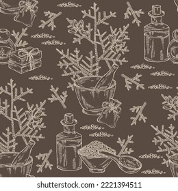 Seamless pattern with thuja plicata: branch of thuja plicata with thuja cone. Oil, soap and bath salt . Cosmetics and medical plant. Vector hand drawn illustration