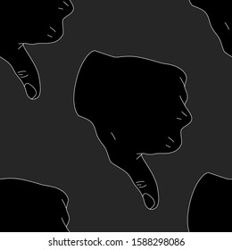 Seamless pattern thumb down hand gesture on gray background .Vector illustration of dislike sign in flat style. Design for background, fabric, wallpaper, stickers, fabric and web page decor.