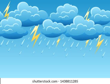 Seamless pattern with thunderstorm. Cartoon illustration of clouds, rain and lightning.