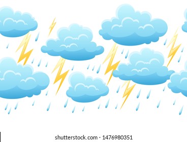 Seamless pattern with thunderstorm. Cartoon illustration of clouds, rain and lightning.