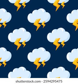 Seamless pattern with thunderstorm clouds and lightning bolts on a dark blue background in cartoon style. Perfect for wallpaper, textiles, wrapping paper and designs for weather forecast and storm.