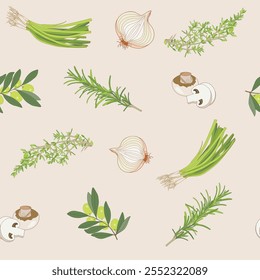 Seamless pattern of thyme, rosemary, onion, mushrooms, olives and shallots on a neutral background. Great for restaurant decor, packaging, or kitchen accessories. Hand drawn illustrations.