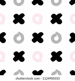 Seamless pattern of tic-tac-toe. Pink, black, gray crosses, zeros. White background. Vector illustration in the Scandinavian style. Suitable for printing on textiles, wallpaper, fabric, clothing, cove