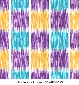 Seamless pattern tie dye shibori square grid. White purple boho summer background. Vector textile swatch.