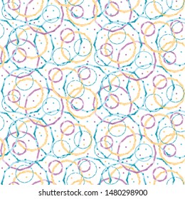 Seamless pattern tie dye shibori circle rings. Colorful overlapping round confetti boho summer background. Vector textile swatch.

