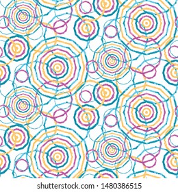 Seamless pattern tie dye shibori sunburst circle. Colorful boho summer concentric circles background. Vector textile swatch.