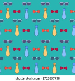 Seamless pattern with tie, glasses and bow tie. Happy Father's Day. Hand Drawn vector illustration.