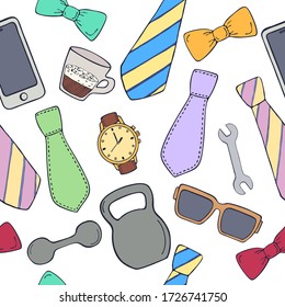 Seamless Pattern with tie, glasses, clock, bow, smartphone, cup of coffee and kettlebell. Happy Father's Day. For printing wrapping paper, wallpaper, packaging, fabric. Hand Drawn vector illustration.