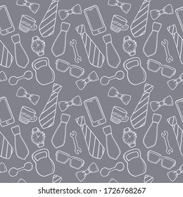 Seamless Pattern with tie, glasses, clock, bow, smartphone, cup of coffee and kettlebell. Happy Father's Day. For printing wrapping paper, wallpaper, packaging, fabric. Hand Drawn vector illustration.