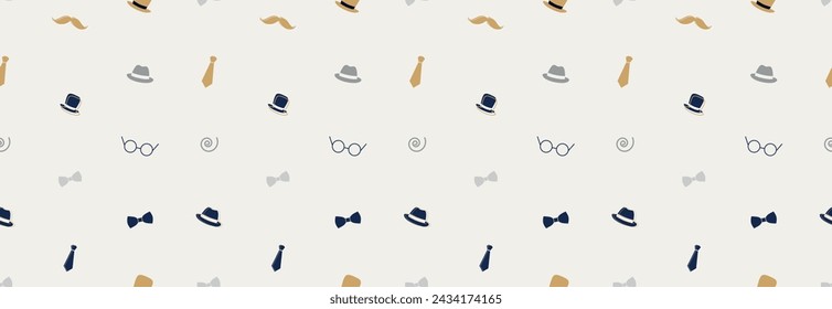 Seamless pattern with tie, hat, mustache and glasses. Modern background for Father's Day.	