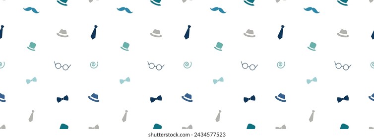 Seamless pattern with tie, hat, mustache and glasses. Modern background for Father's Day.