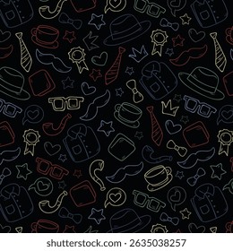 Seamless pattern with tie, hat, mustache and glasses. Modern background for Father's Day.