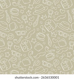 Seamless pattern with tie, hat, mustache and glasses. Modern background for Father's Day.