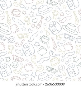 Seamless pattern with tie, hat, mustache and glasses. Modern background for Father's Day.