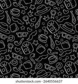 Seamless pattern with tie, hat, mustache and glasses. Modern background for Father's Day.	