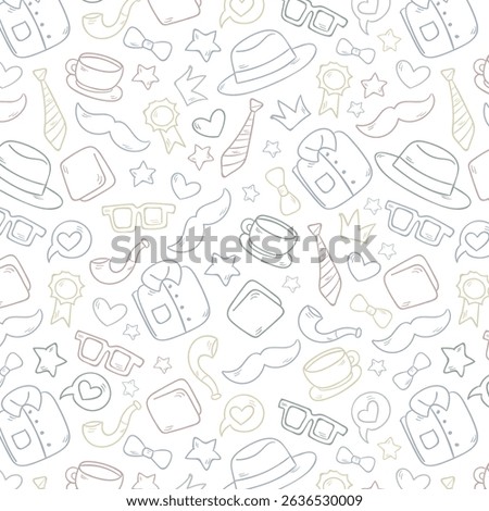 Seamless pattern with tie, hat, mustache and glasses. Modern background for Father's Day.