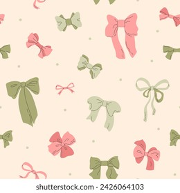 Seamless pattern with tied bows and polka dot. Women's wide and narrow ribbons, romantic girlish accessories. Doodle bowknot. Vintage background